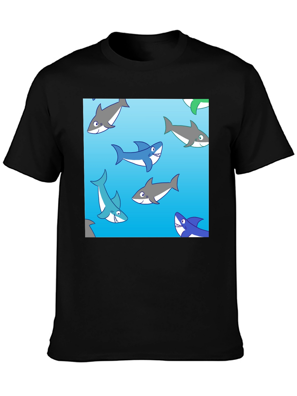Cartoon Shark Pattern Black Cotton Tee