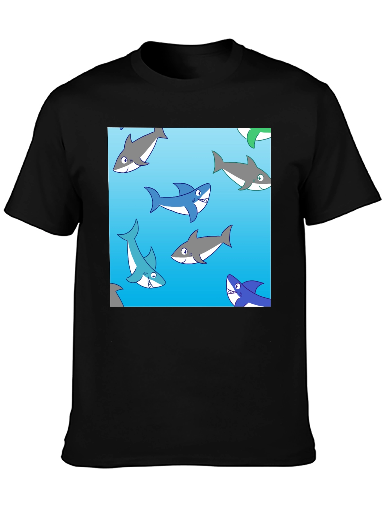 Cartoon Shark Pattern Black Cotton Tee
