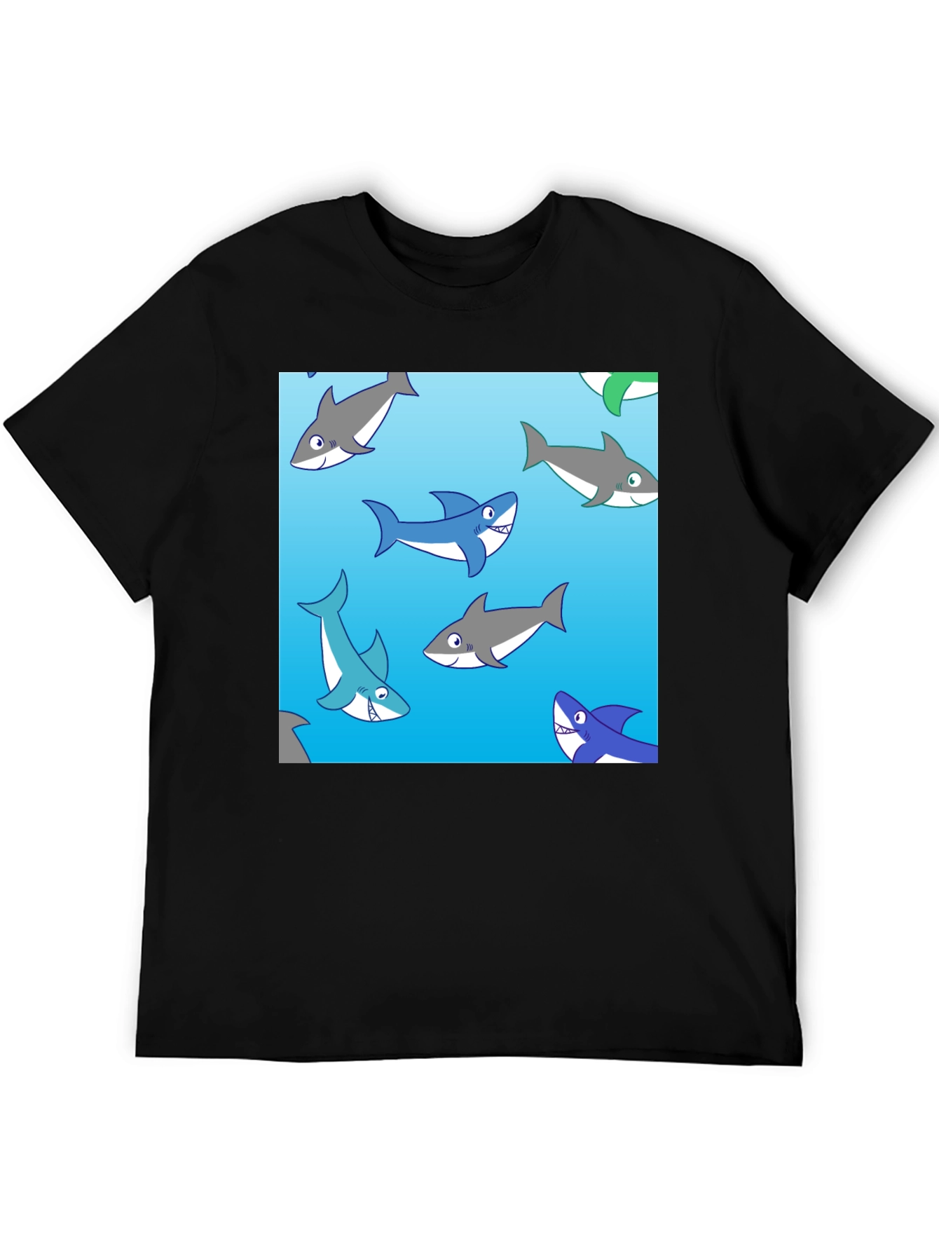 Cartoon Shark Pattern Black Cotton Tee