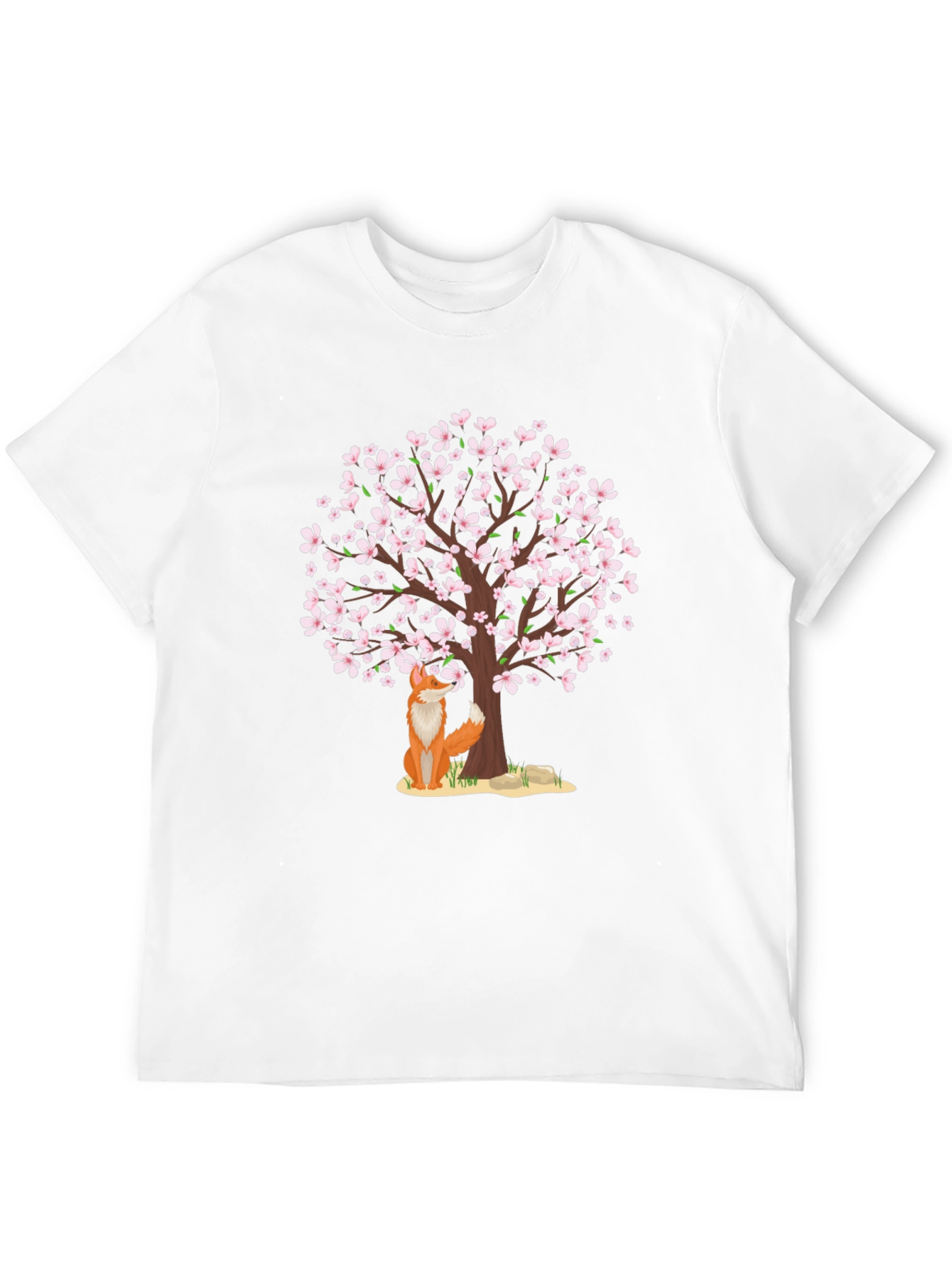 Fox Under Cherry Blossom Tree Black T-Shirt