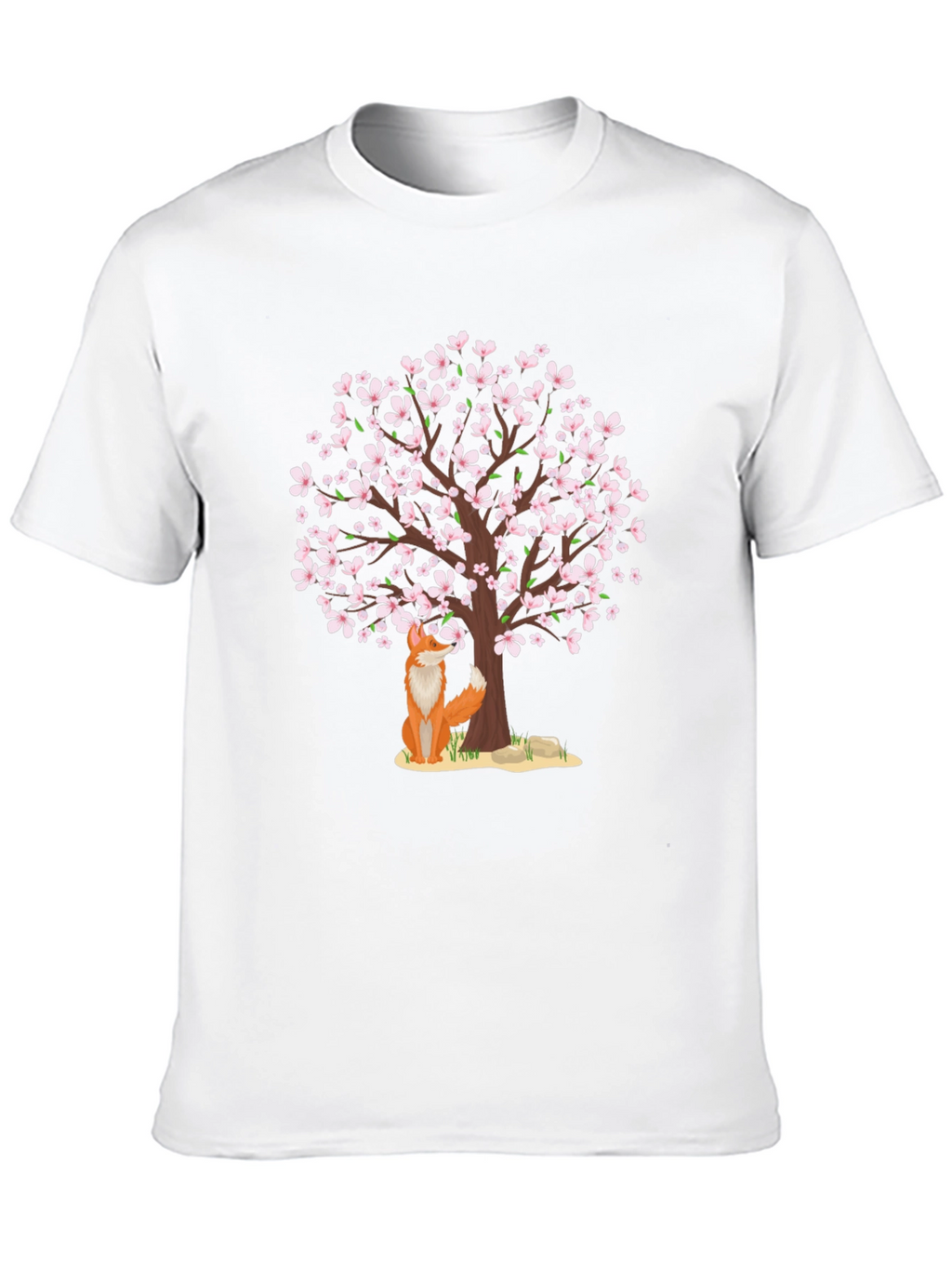 Fox Under Cherry Blossom Tree Black T-Shirt