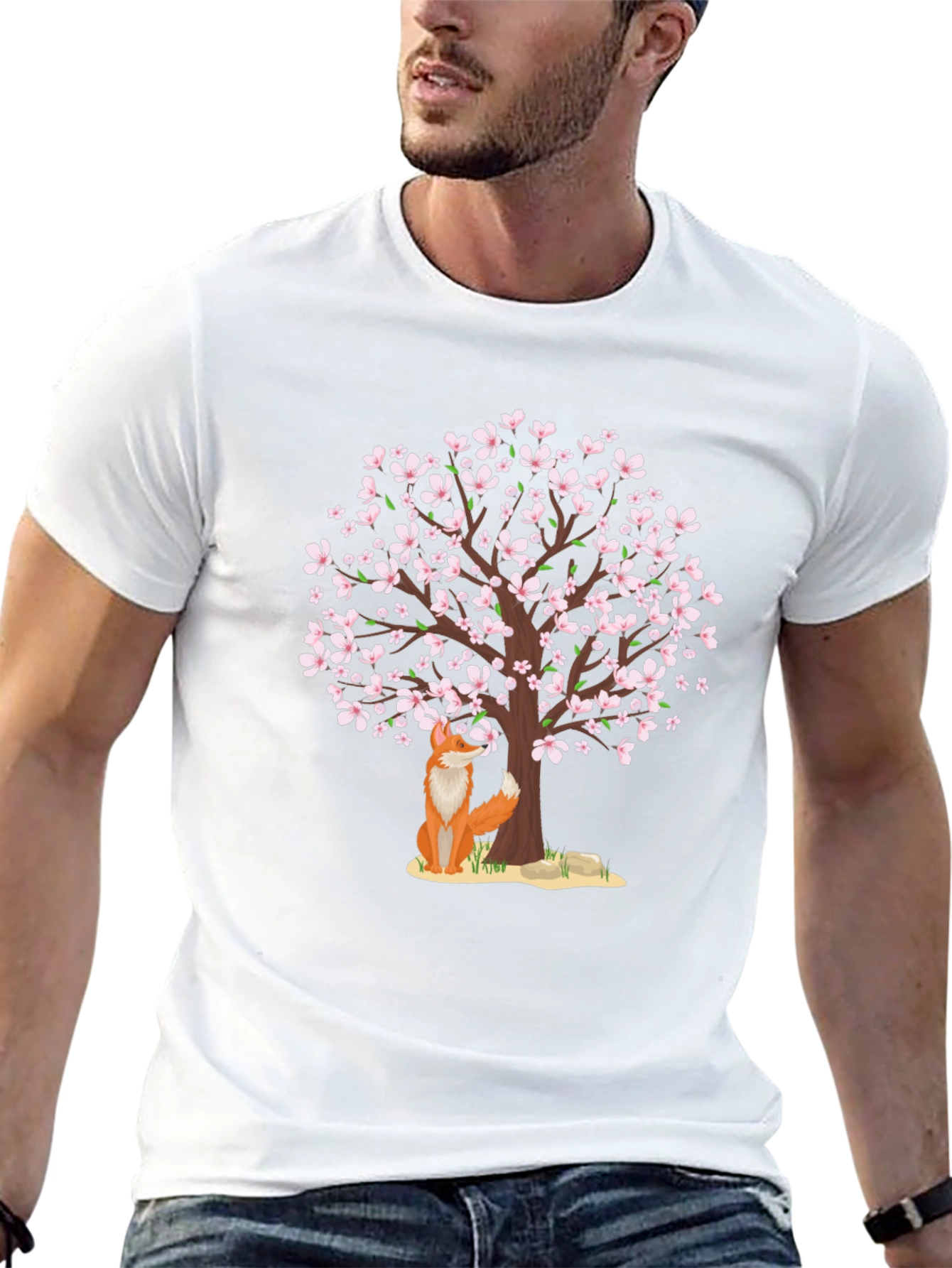 Fox Under Cherry Blossom Tree Black T-Shirt
