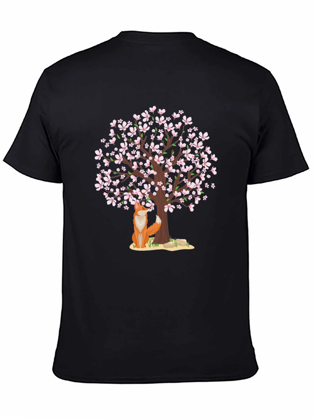 Fox Under Cherry Blossom Tree Black T-Shirt
