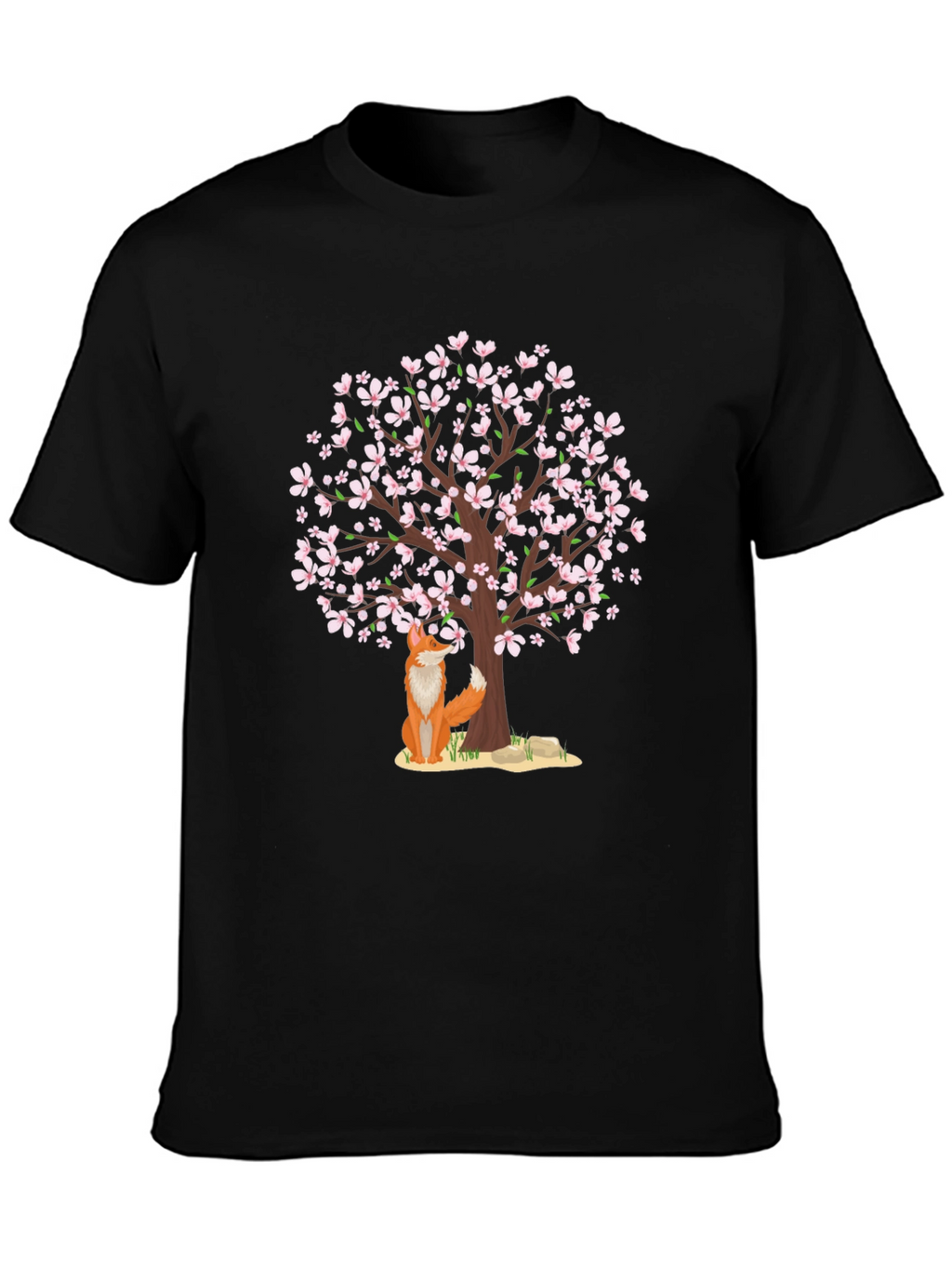 Fox Under Cherry Blossom Tree Black T-Shirt