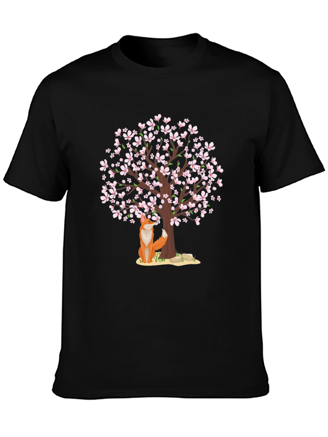 Fox Under Cherry Blossom Tree Black T-Shirt