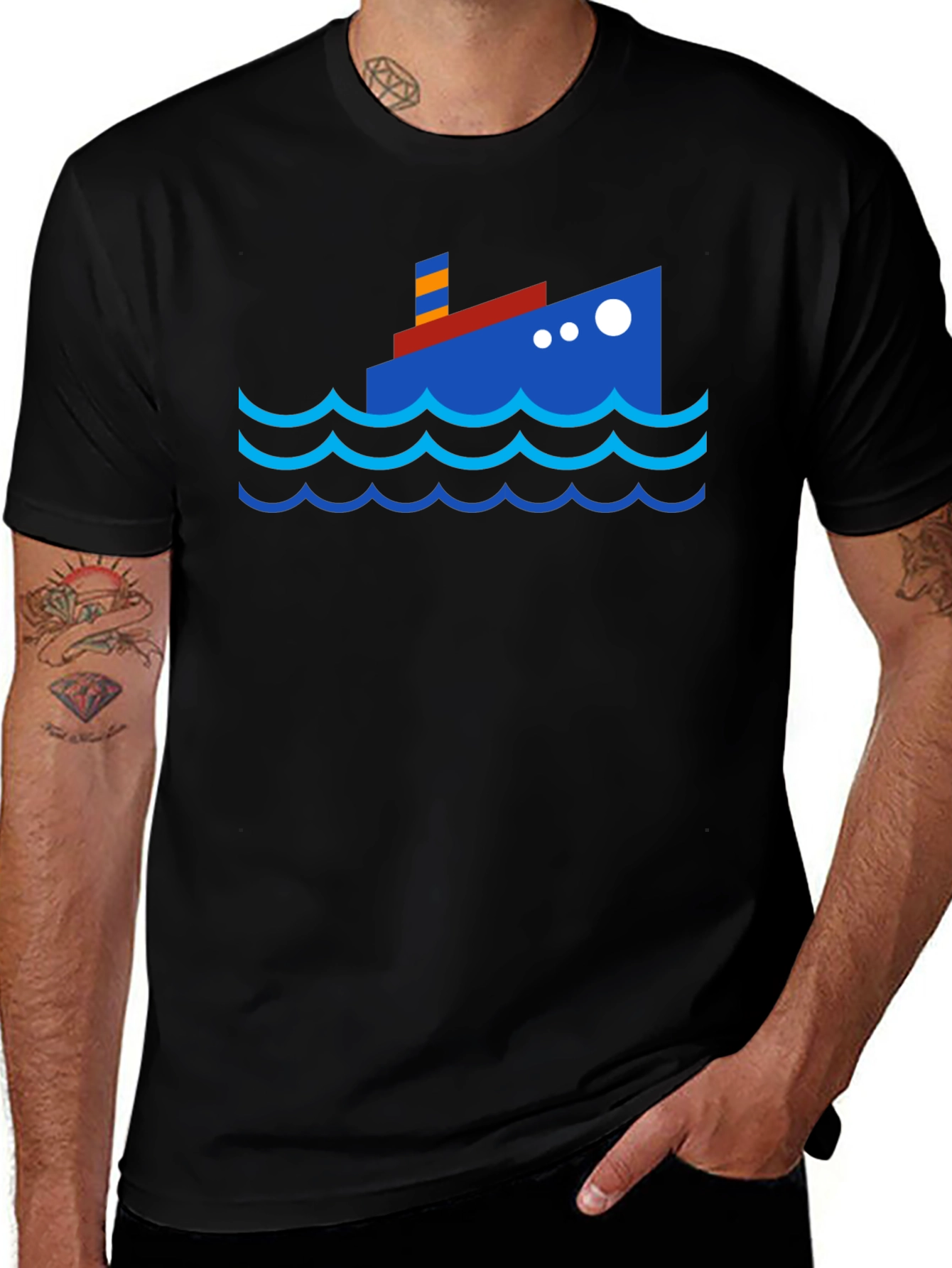 Cartoon Ship Graphic Tee - Black
