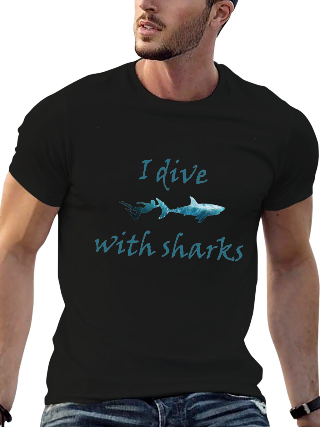 I Dive With Sharks Black Graphic Tee