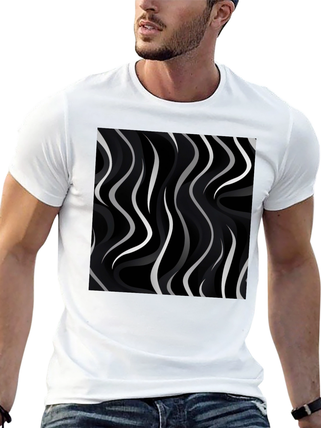 Abstract Wave Pattern Black Tee - Modern Graphic Shirt