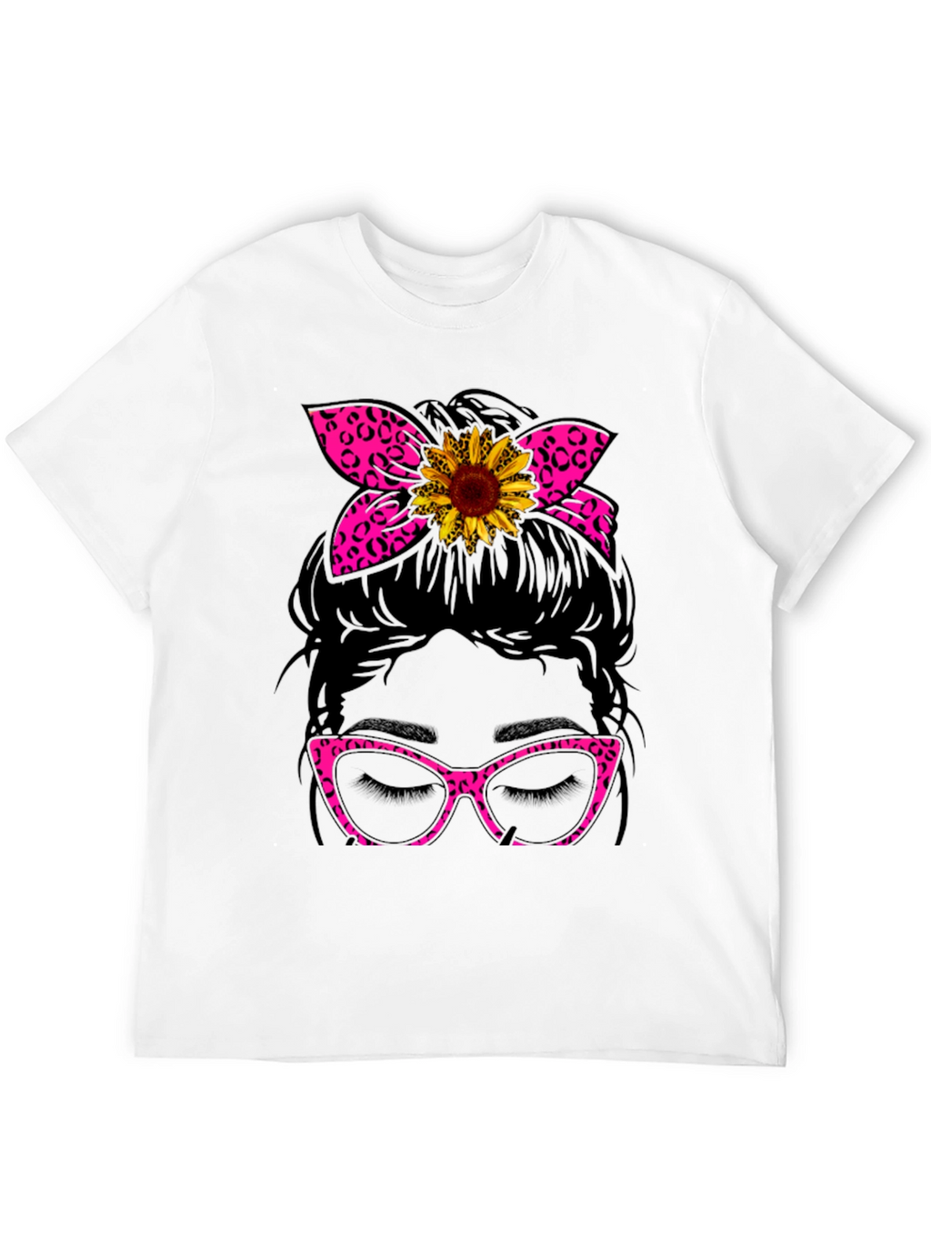 Messy Bun Sunflower Leopard Print T-Shirt