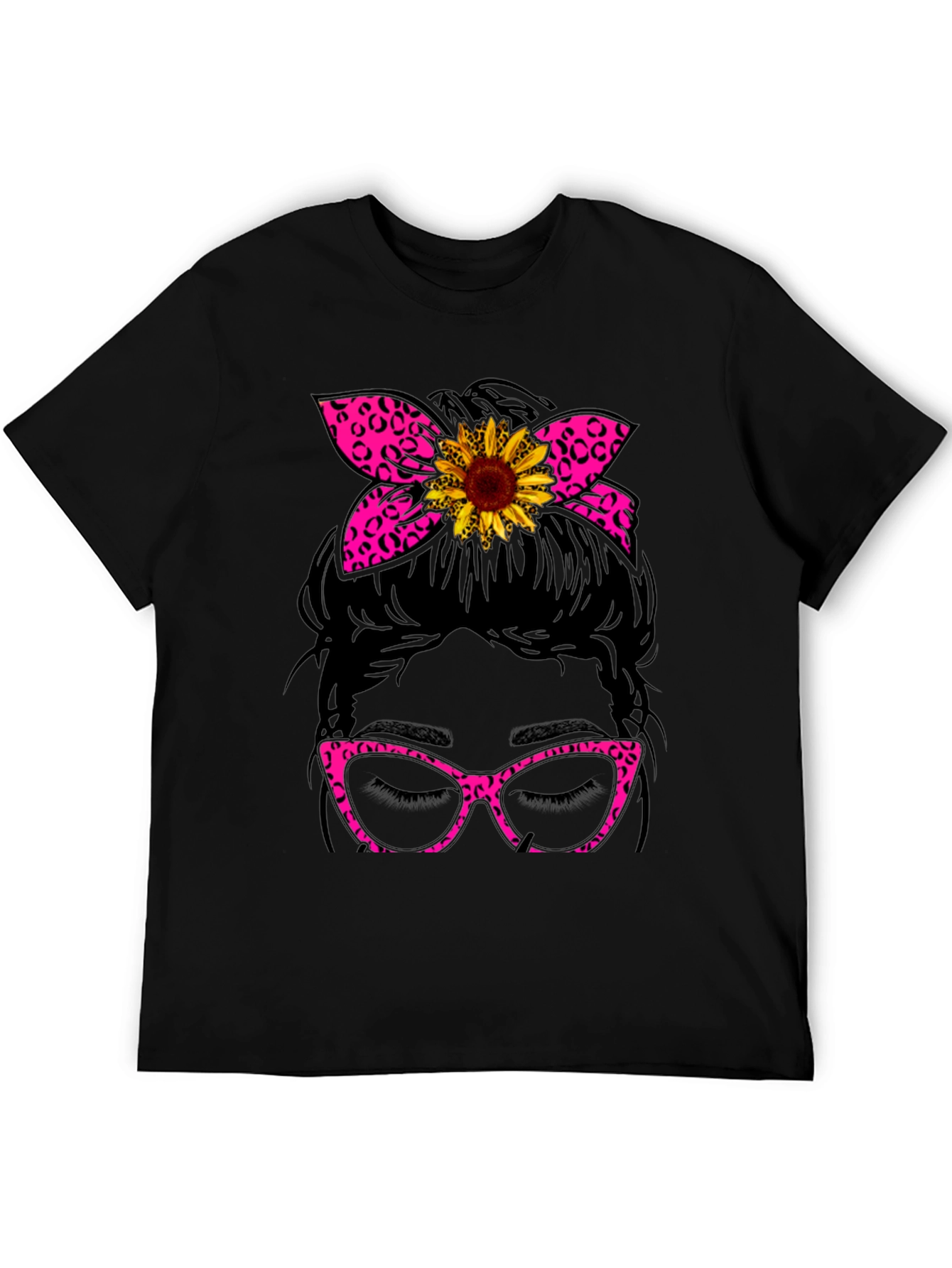Messy Bun Sunflower Leopard Print T-Shirt
