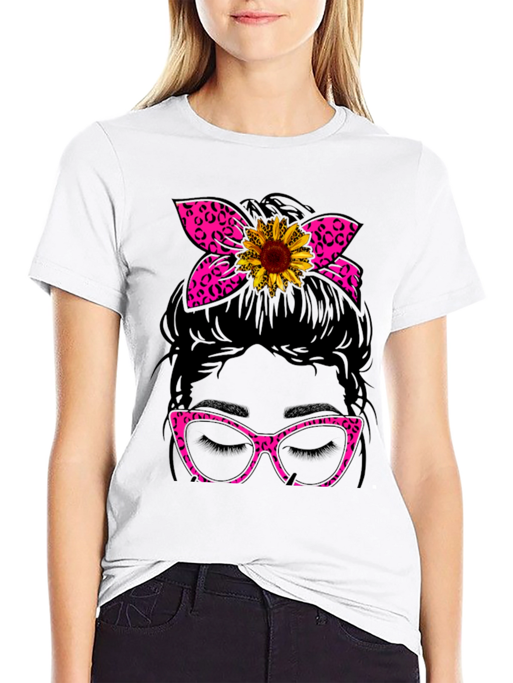 Messy Bun Sunflower Leopard Print T-Shirt
