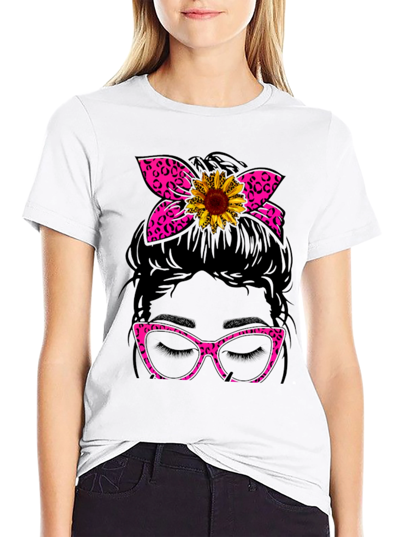 Messy Bun Sunflower Leopard Print T-Shirt