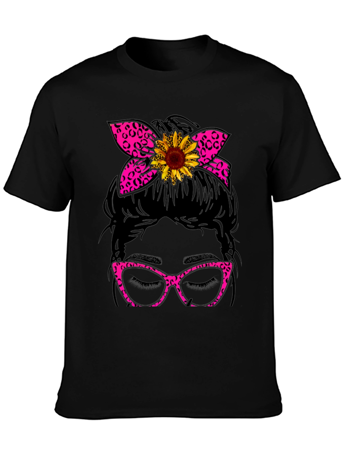 Messy Bun Sunflower Leopard Print T-Shirt