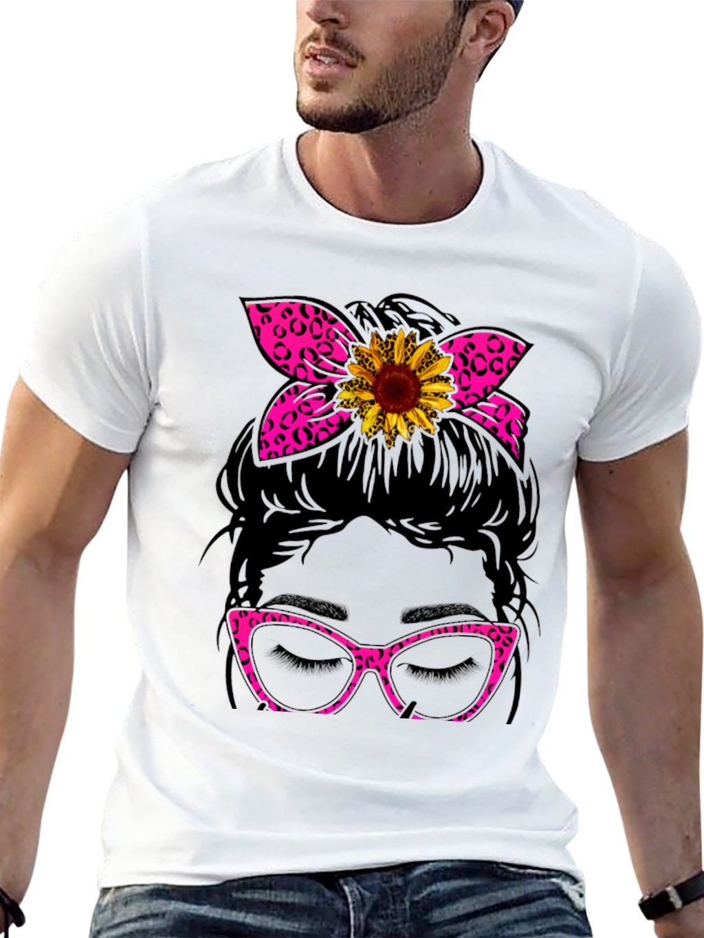 Messy Bun Sunflower Leopard Print T-Shirt