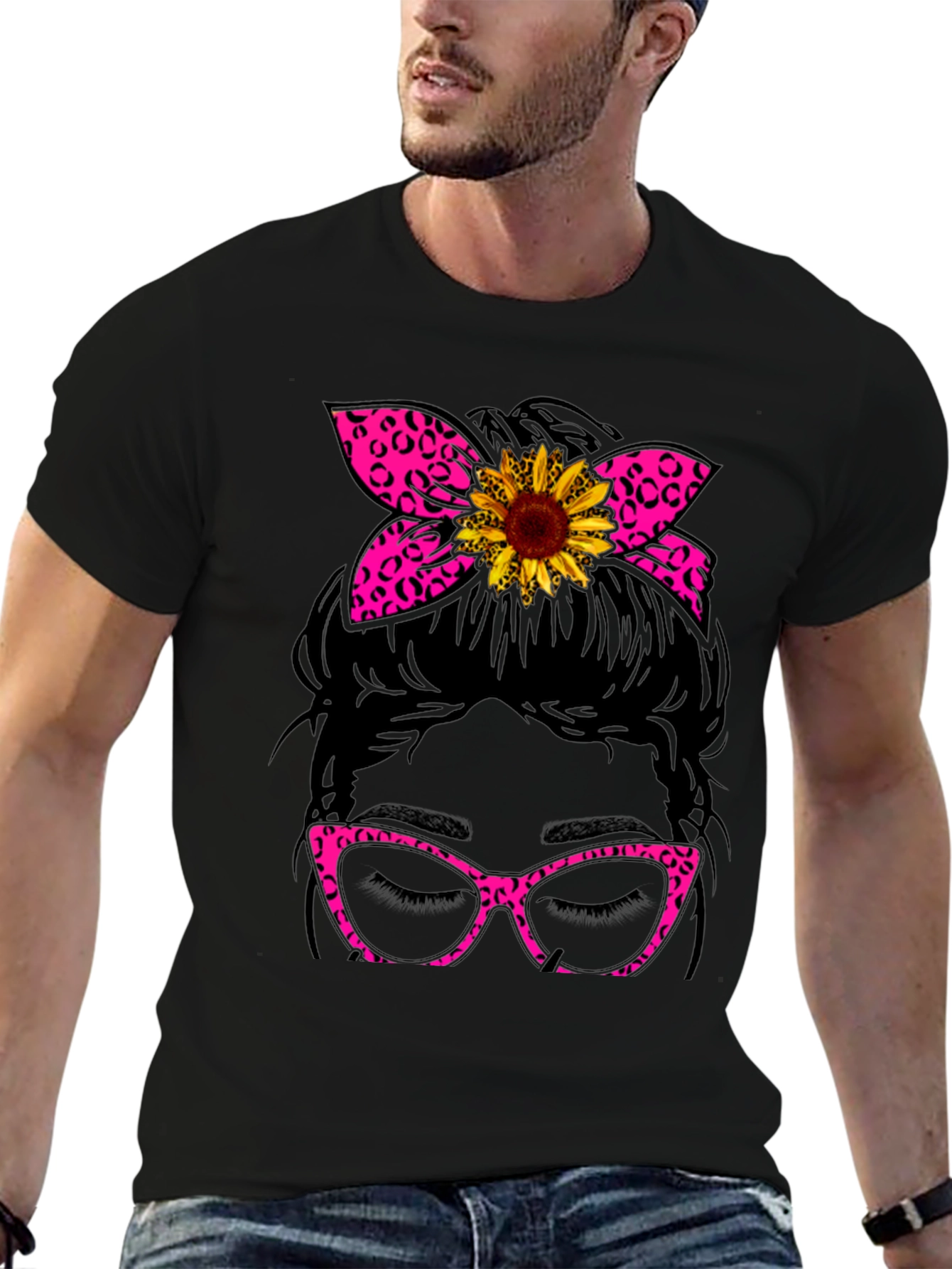 Messy Bun Sunflower Leopard Print T-Shirt