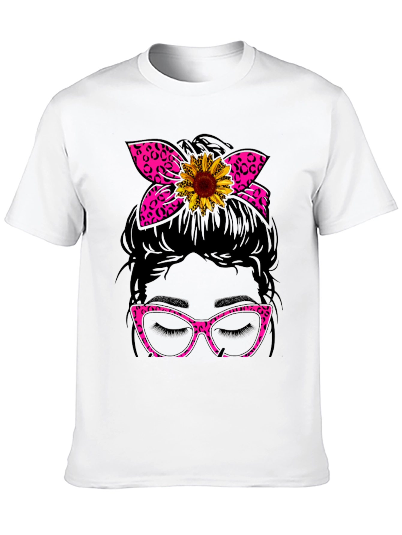 Messy Bun Sunflower Leopard Print T-Shirt