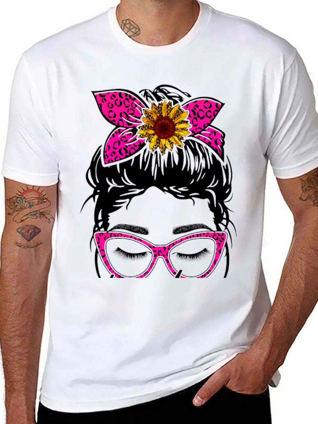 Messy Bun Sunflower Leopard Print T-Shirt