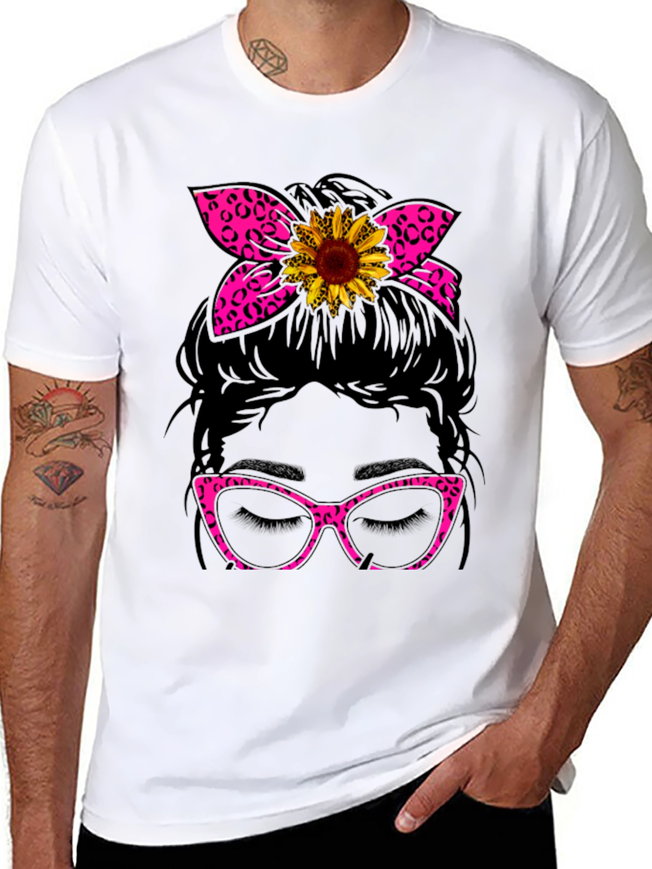 Messy Bun Sunflower Leopard Print T-Shirt