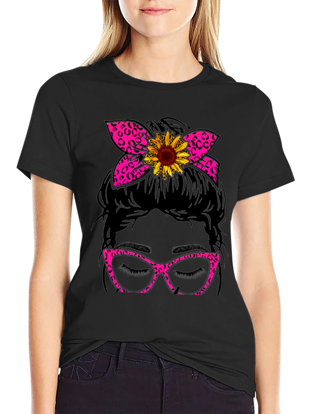 Messy Bun Sunflower Leopard Print T-Shirt