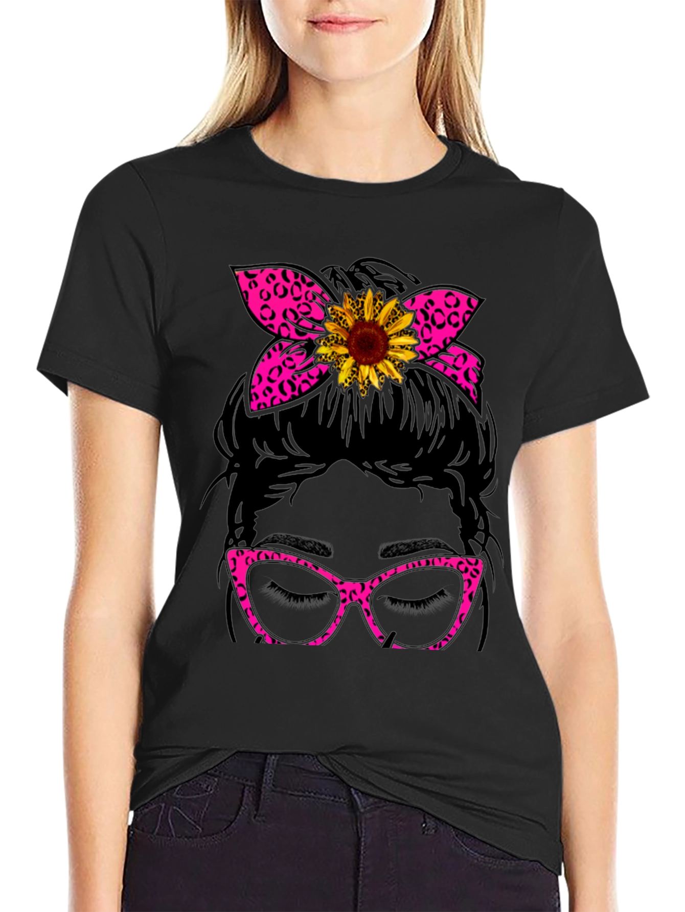 Messy Bun Sunflower Leopard Print T-Shirt