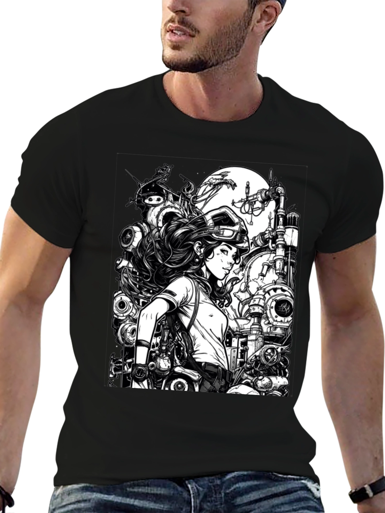 Steampunk Engineer Graphic Tee - Cool Black T-Shirt