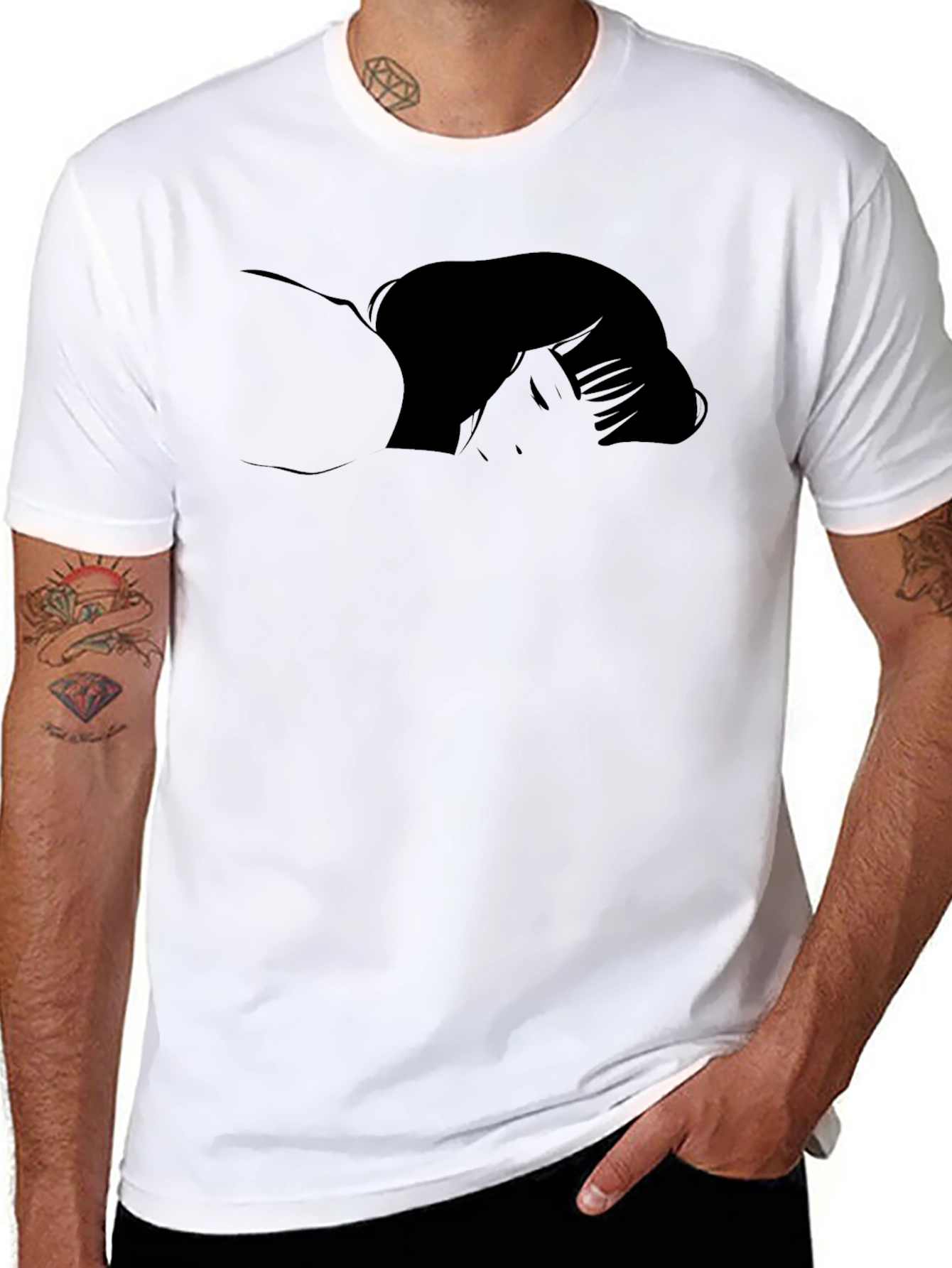 Black Graphic Tee - Anime Woman Silhouette