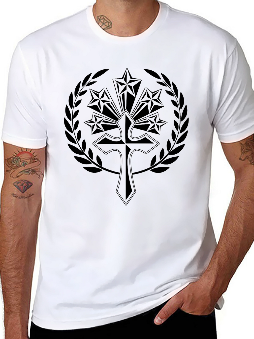 Emblem Cross Stars Black Graphic Tee Shirt