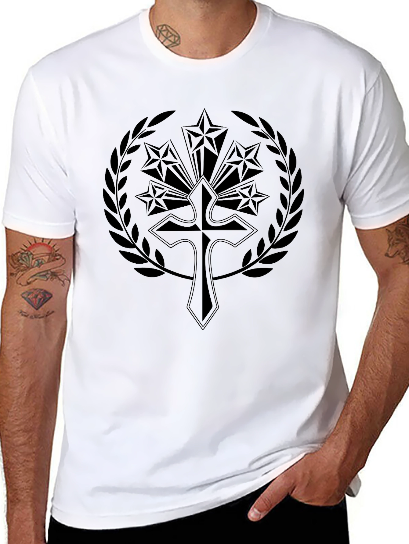 Emblem Cross Stars Black Graphic Tee Shirt