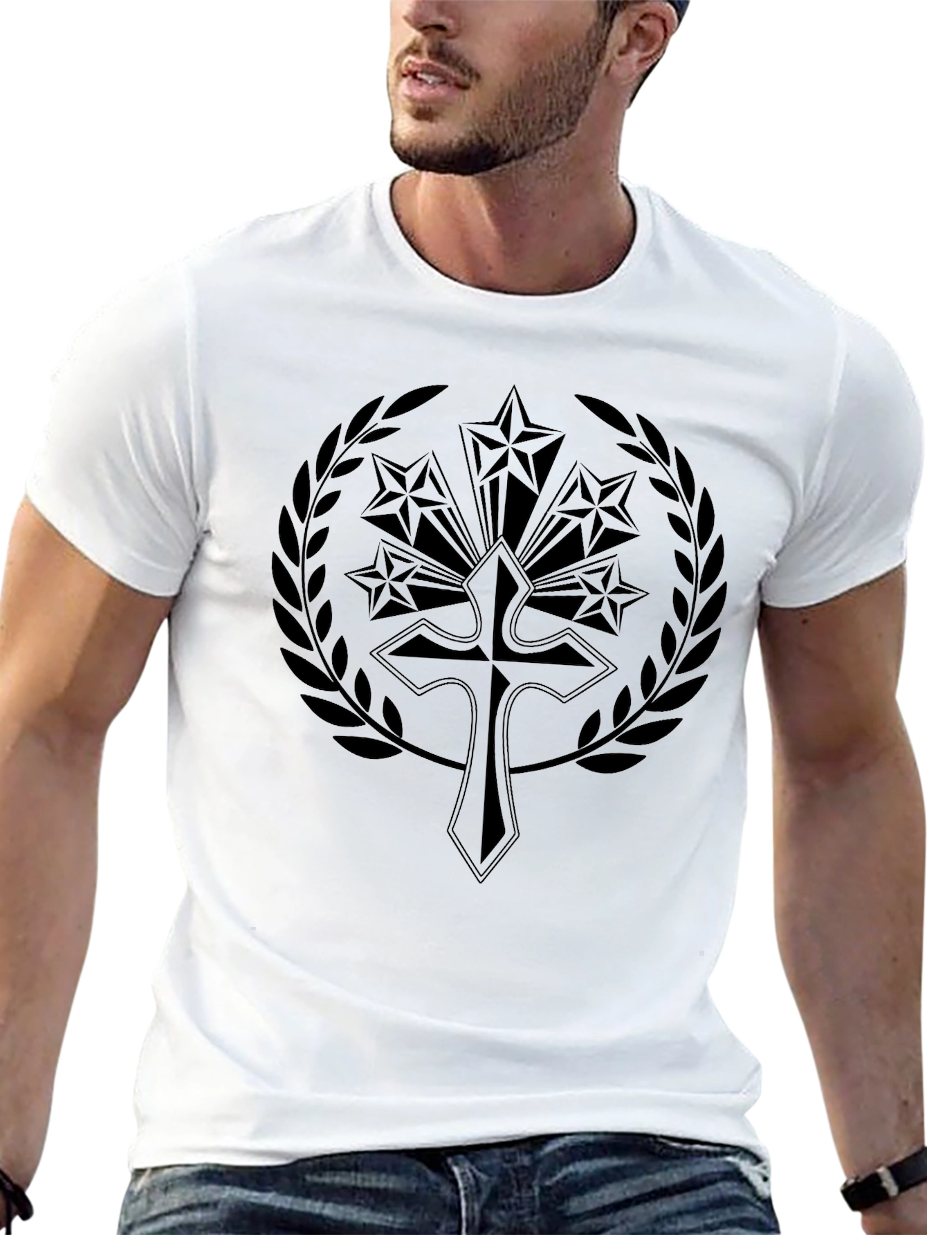 Emblem Cross Stars Black Graphic Tee Shirt