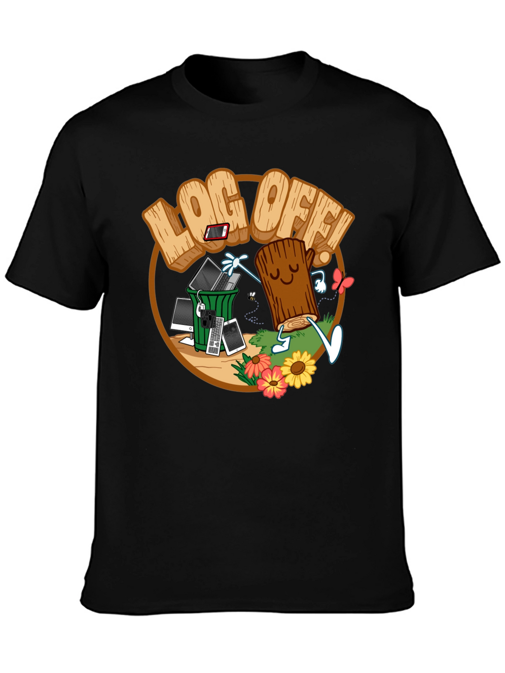 Log Off! Graphic Print Black T-Shirt