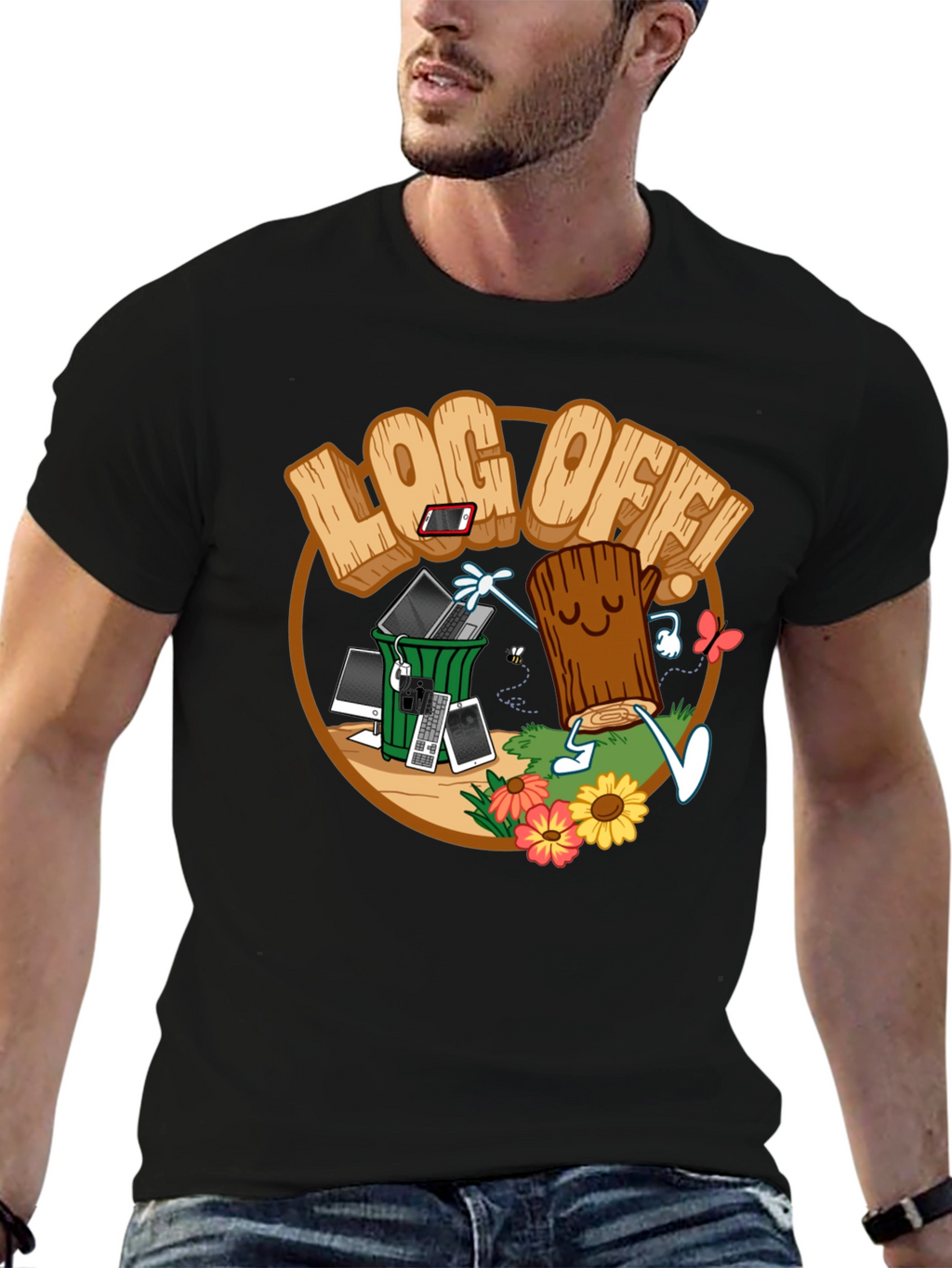 Log Off! Graphic Print Black T-Shirt