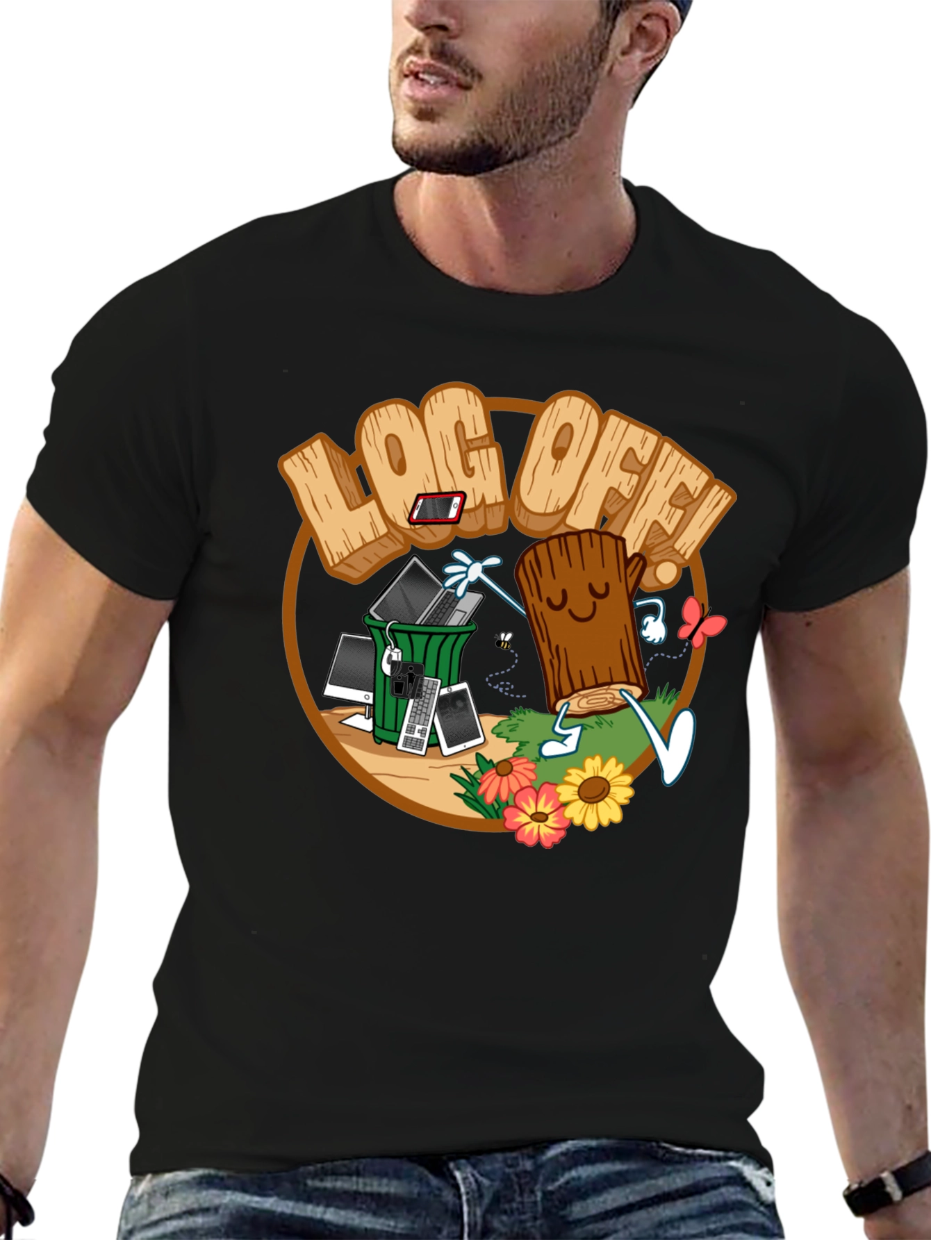 Log Off! Graphic Print Black T-Shirt