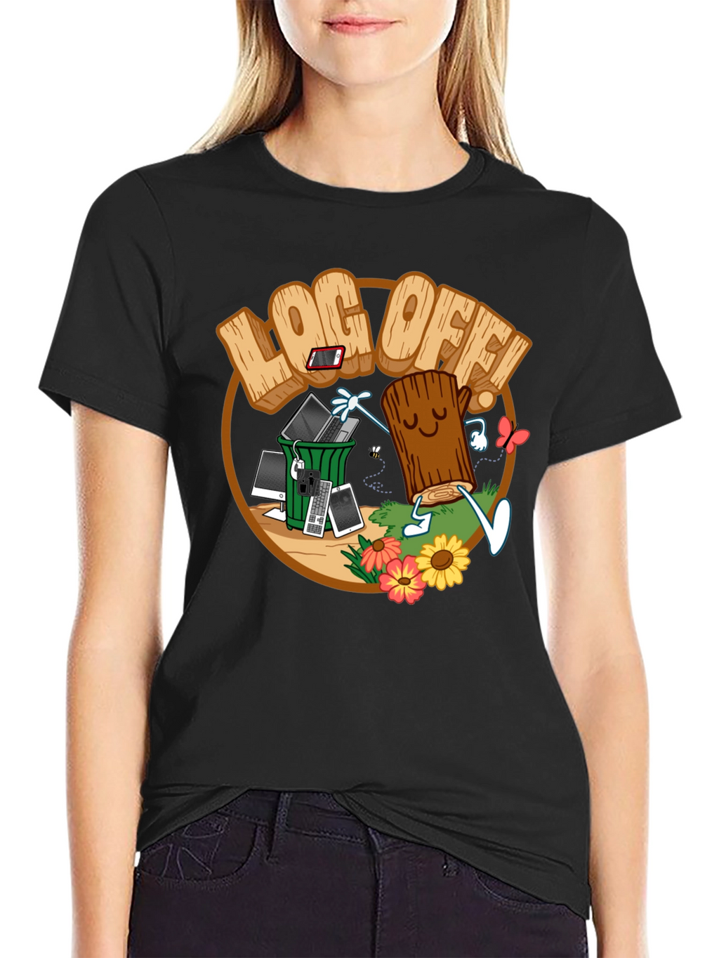 Log Off! Graphic Print Black T-Shirt