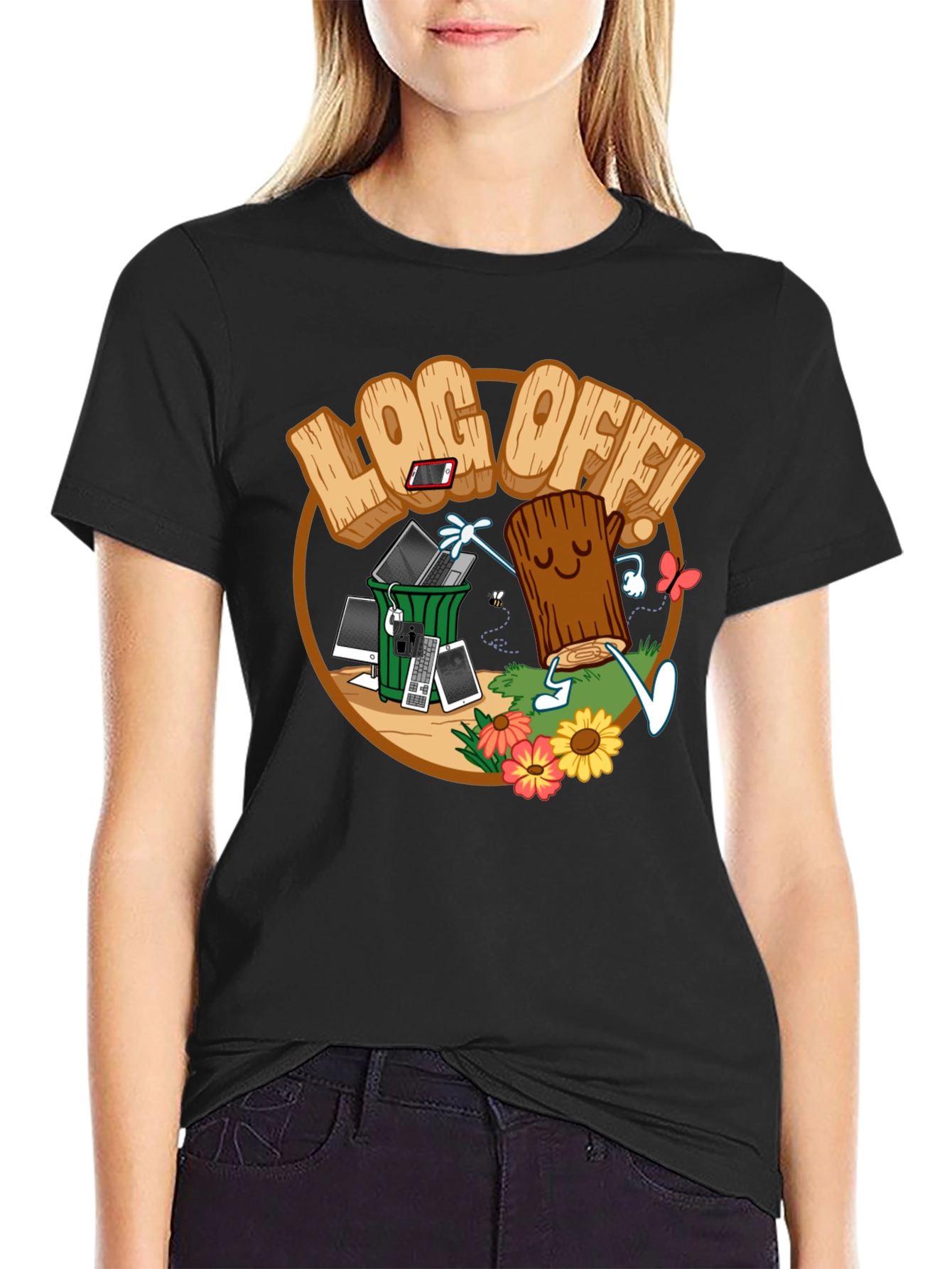 Log Off! Graphic Print Black T-Shirt