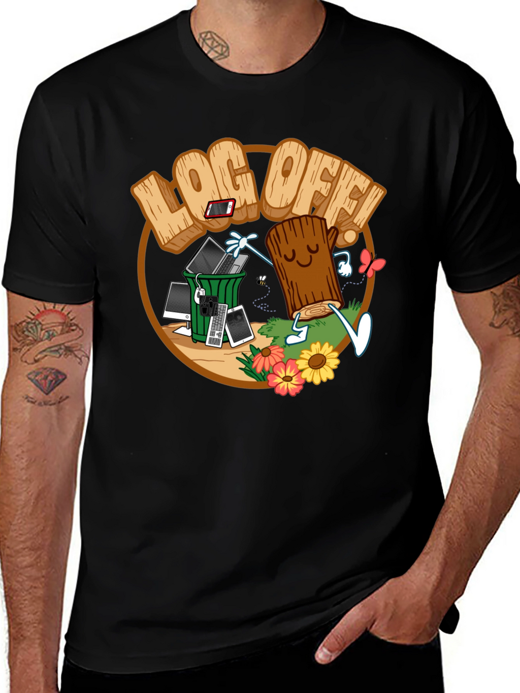 Log Off! Graphic Print Black T-Shirt