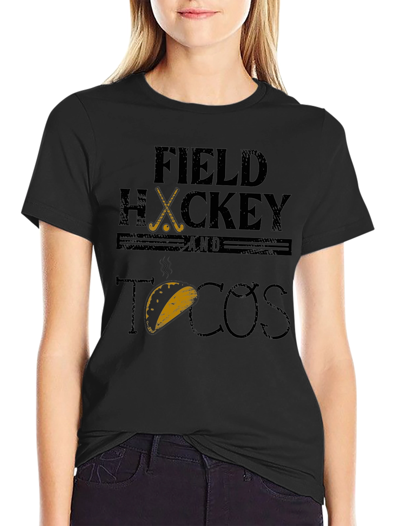 Field Hockey & Tacos Black Graphic T-Shirt