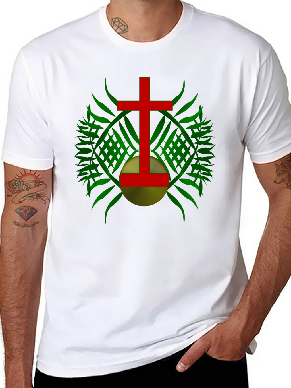 Red Cross & Green Leaf Graphic Print Black T-Shirt