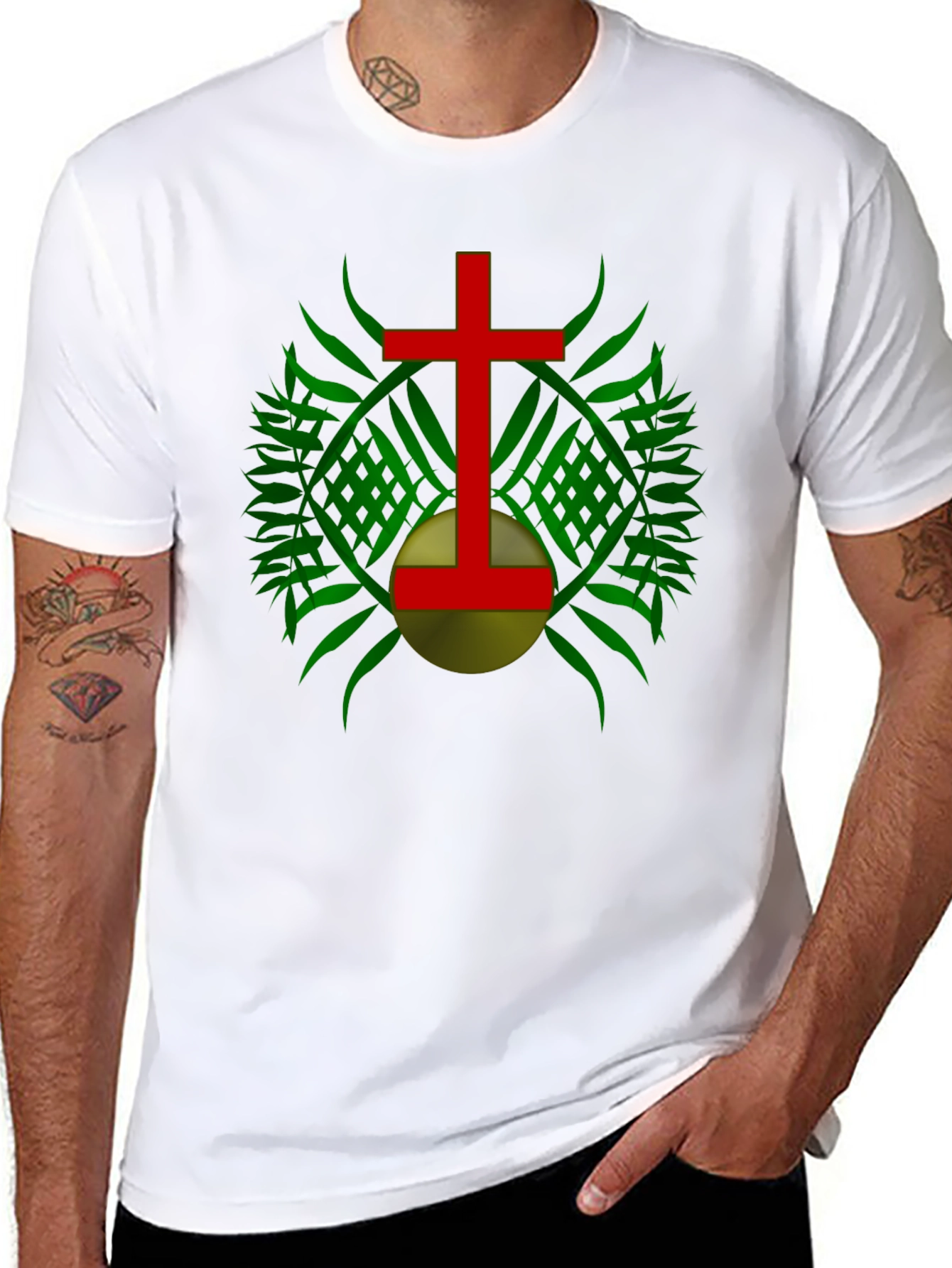 Red Cross & Green Leaf Graphic Print Black T-Shirt