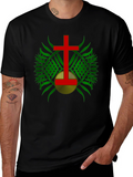 Red Cross & Green Leaf Graphic Print Black T-Shirt