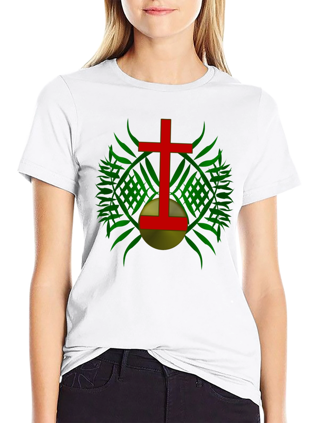 Red Cross & Green Leaf Graphic Print Black T-Shirt