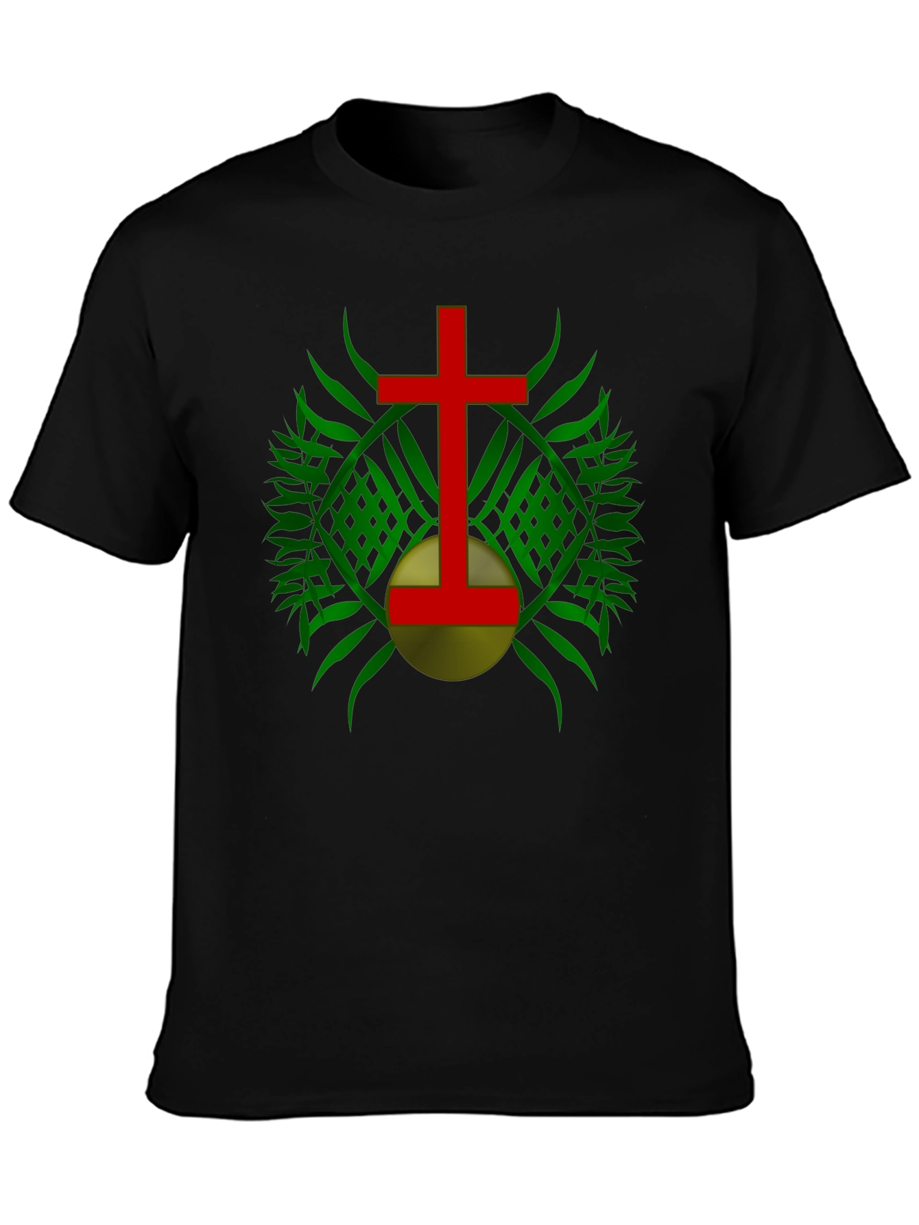 Red Cross & Green Leaf Graphic Print Black T-Shirt