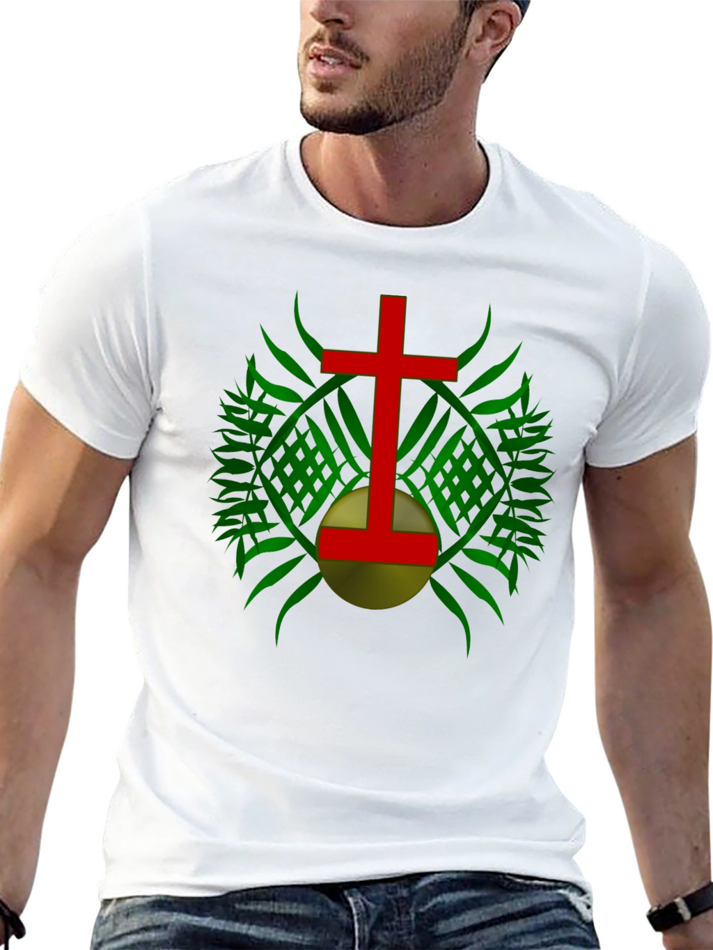 Red Cross & Green Leaf Graphic Print Black T-Shirt