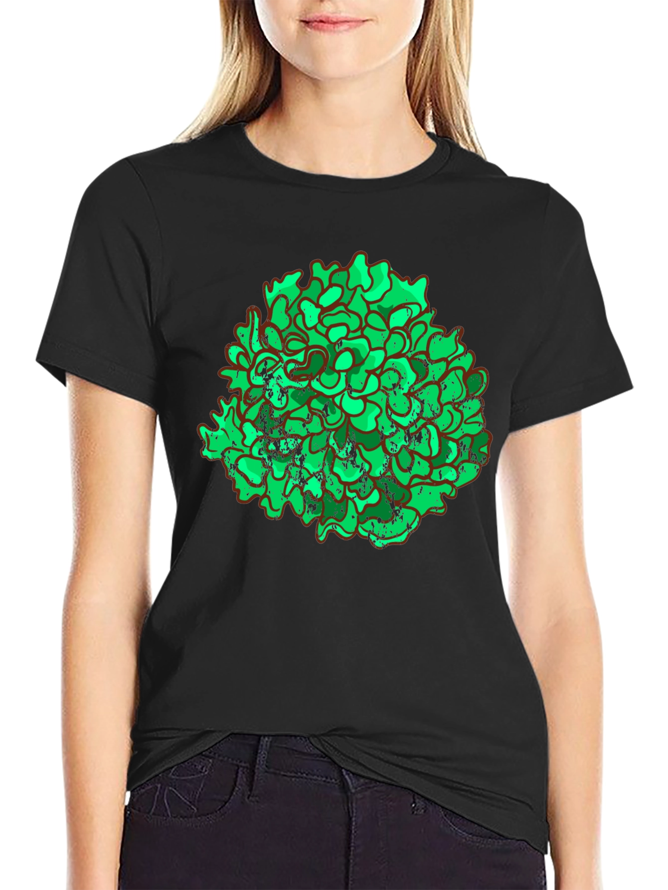 Unique Green Floral Graphic Print Black T-Shirt
