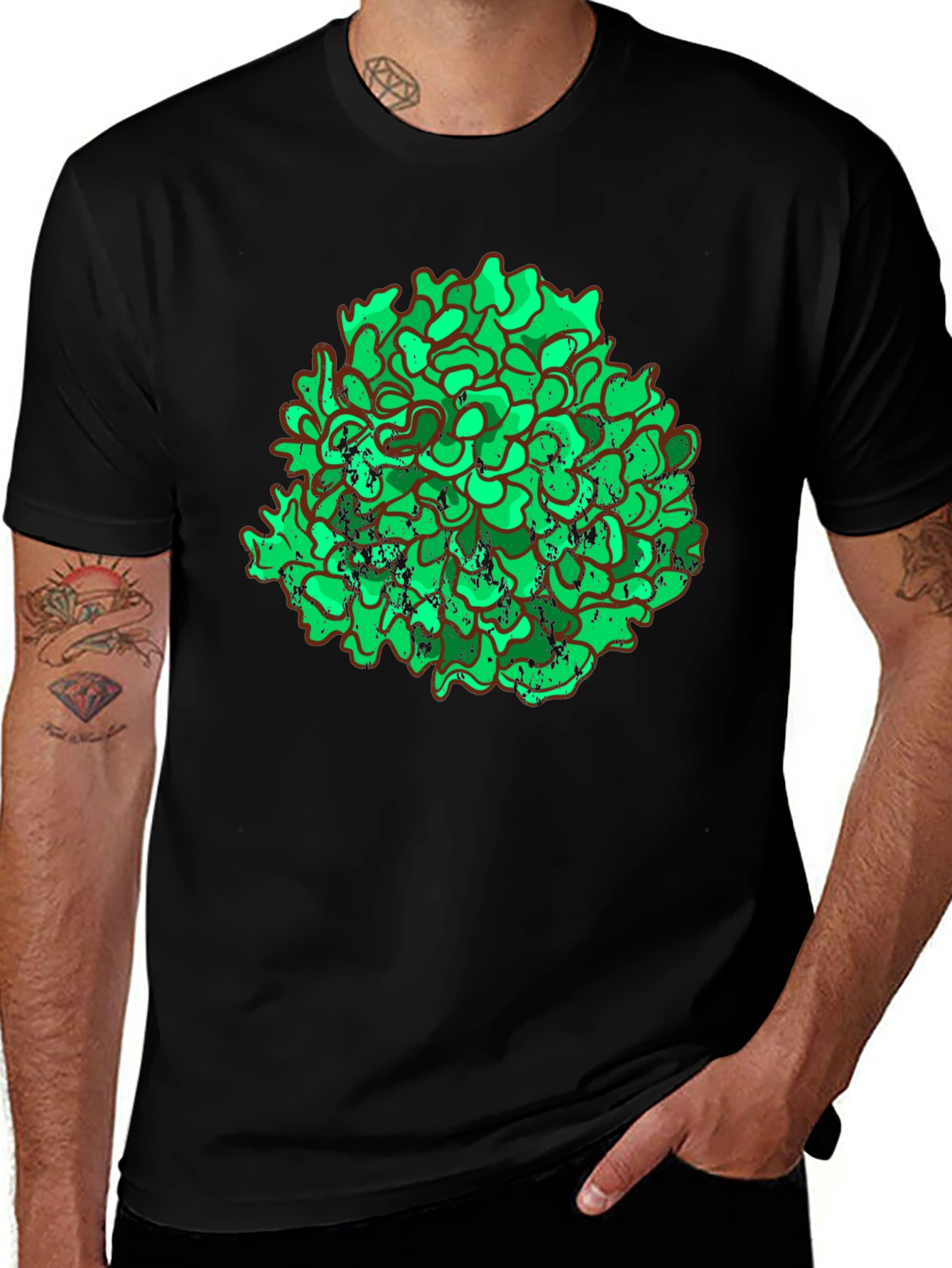 Unique Green Floral Graphic Print Black T-Shirt