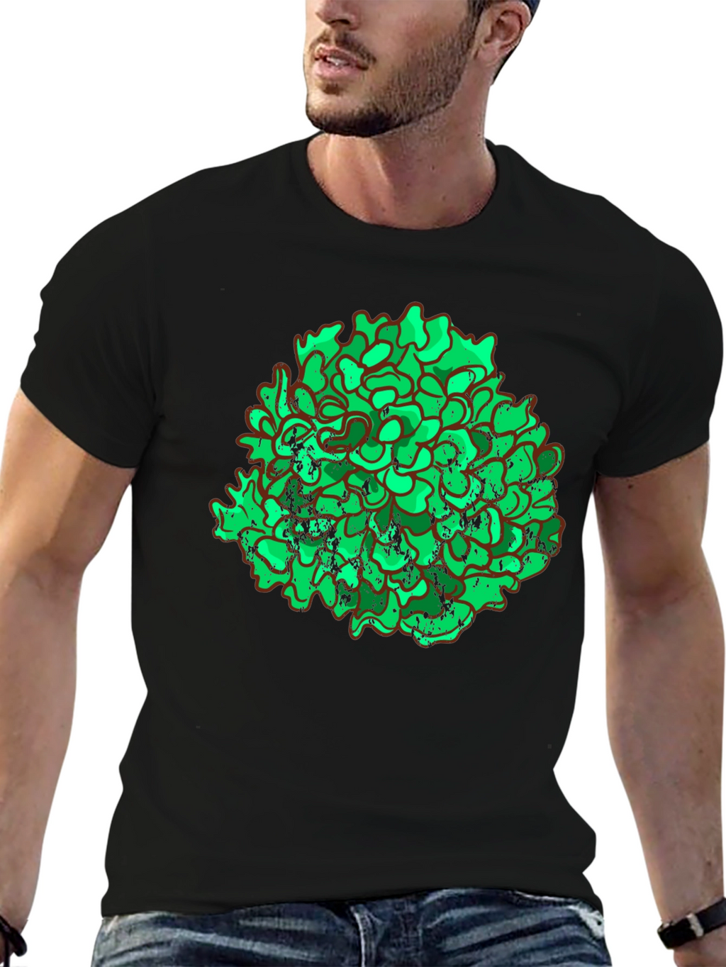 Unique Green Floral Graphic Print Black T-Shirt