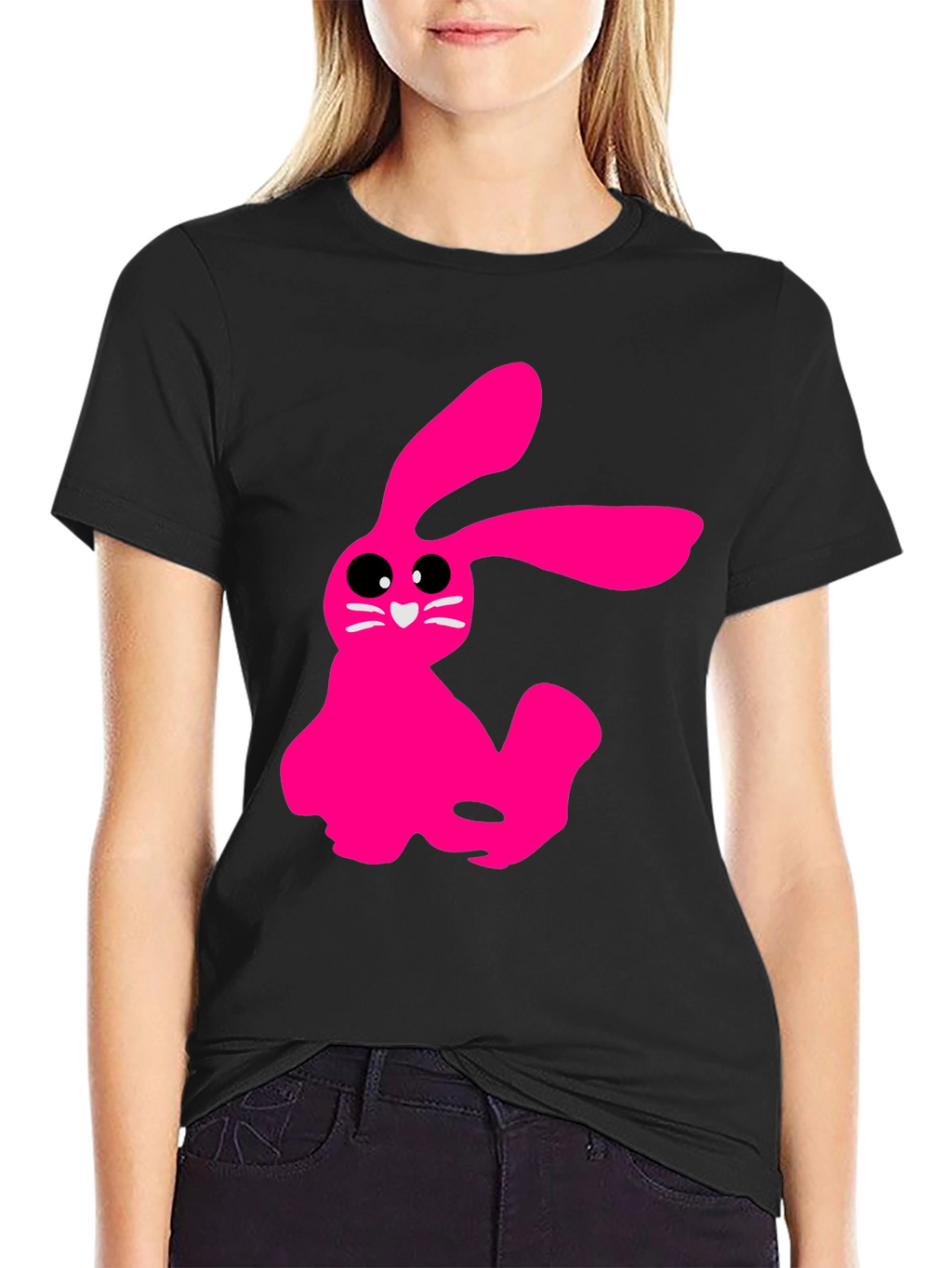 Pink Bunny Graphic Tee - Soft Cotton Black T-Shirt