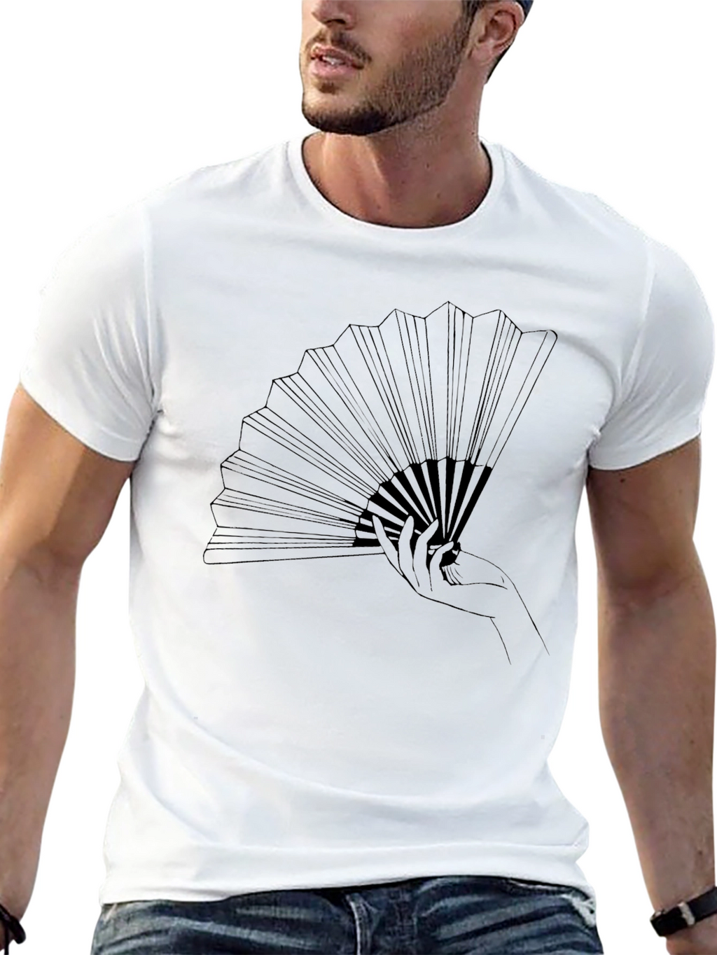Elegant Hand Fan Graphic Tee - Stylish Black T-Shirt