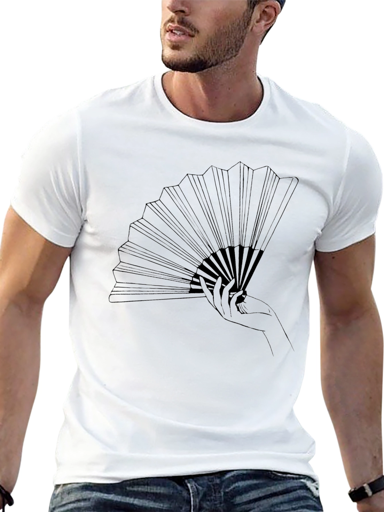 Elegant Hand Fan Graphic Tee - Stylish Black T-Shirt