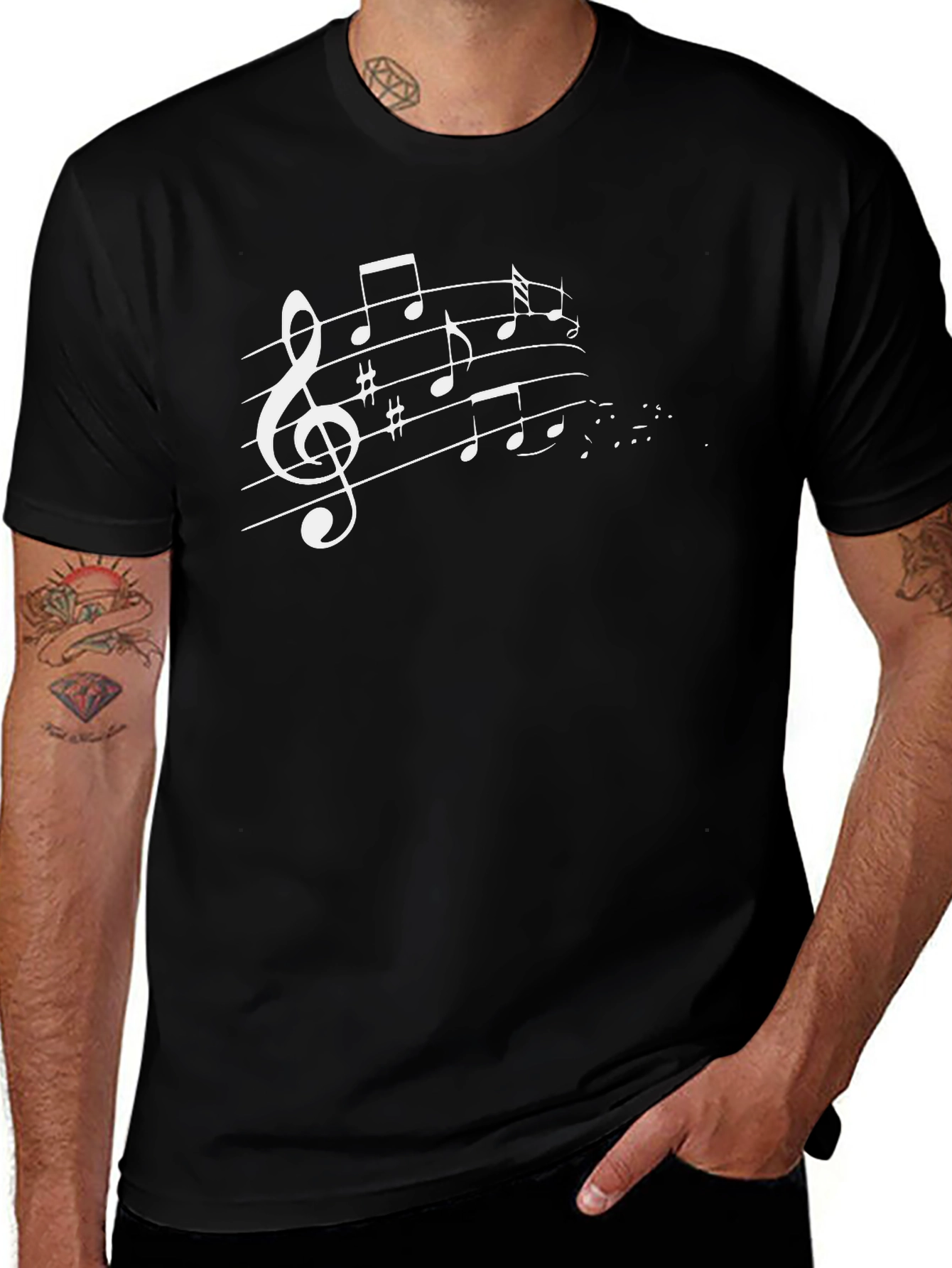 Music Notes Graphic Tee - Black Cotton T-Shirt