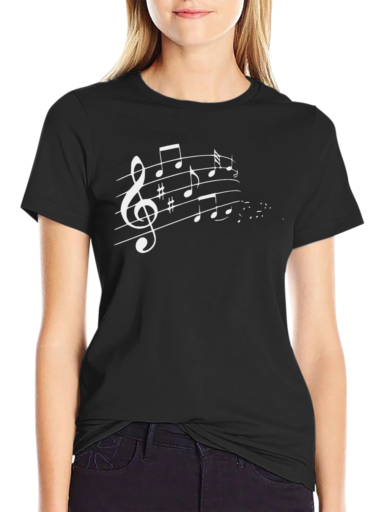 Music Notes Graphic Tee - Black Cotton T-Shirt
